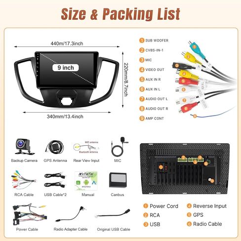 Upgrade Car Radio for Ford Transit 2013-2019, 9Inch IPS Touch Screen Stereo for Transit Head Unit with Wireless Carplay Android Auto Bluetooth SWC FM + CANBUS + Backup Camera - 2+32GB in Kuwait