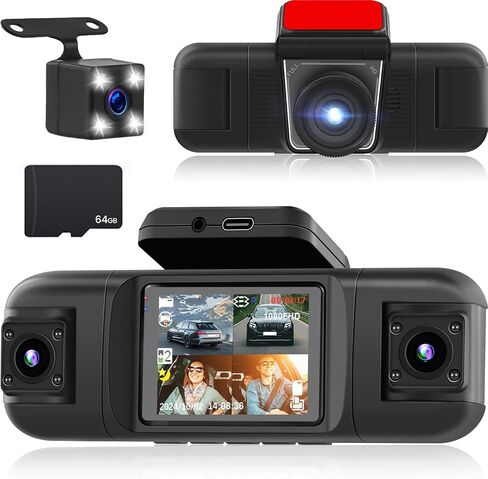 NHOPEEW 4 Channel Dash Cam 360° View, 1080P Front and Rear Inside Left Right Dash Camera for Cars - 2 inch IPS Screen Car Cameras with 8 IR Night Vision, Built-in Stereo, Loop Recording + 64G TF Card in Kuwait