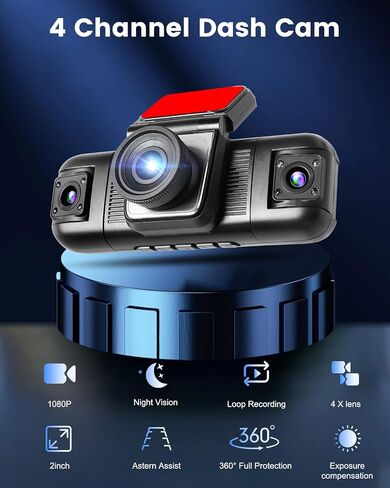 NHOPEEW 4 Channel Dash Cam 360° View, 1080P Front and Rear Inside Left Right Dash Camera for Cars - 2 inch IPS Screen Car Cameras with 8 IR Night Vision, Built-in Stereo, Loop Recording + 64G TF Card in Kuwait