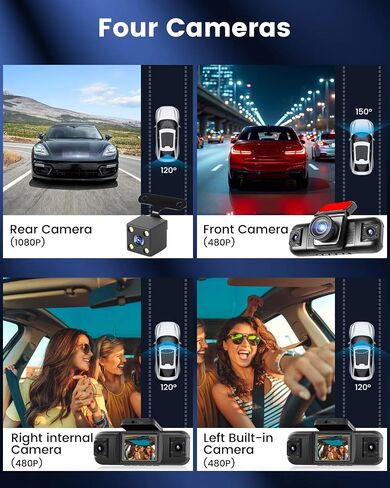 NHOPEEW 4 Channel Dash Cam 360° View, 1080P Front and Rear Inside Left Right Dash Camera for Cars - 2 inch IPS Screen Car Cameras with 8 IR Night Vision, Built-in Stereo, Loop Recording + 64G TF Card in Kuwait