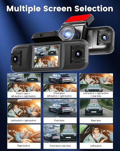 NHOPEEW 4 Channel Dash Cam 360° View, 1080P Front and Rear Inside Left Right Dash Camera for Cars - 2 inch IPS Screen Car Cameras with 8 IR Night Vision, Built-in Stereo, Loop Recording + 64G TF Card in Kuwait