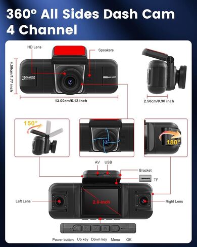 NHOPEEW 4 Channel Dash Cam 360° View, 1080P Front and Rear Inside Left Right Dash Camera for Cars - 2 inch IPS Screen Car Cameras with 8 IR Night Vision, Built-in Stereo, Loop Recording + 64G TF Card in Kuwait