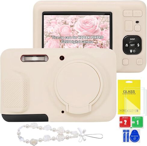 Case for Kodak PIXPRO FZ55 Digital Camera,Silicone Camera Case with Removable Lens Cover,Cute Beaded Charm Strap& 2 Pack Screen Protectors,Aesthetic Travel Camera Accessories in Kuwait