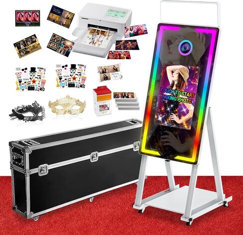 Magic Mirror Photo Booth with Printer 45-22" Touch Screen DSLR Photo Booth with RGB Light Instant Printing and Sharing Professional PhotoBooth for Party (White-2) in Saudi Arabia