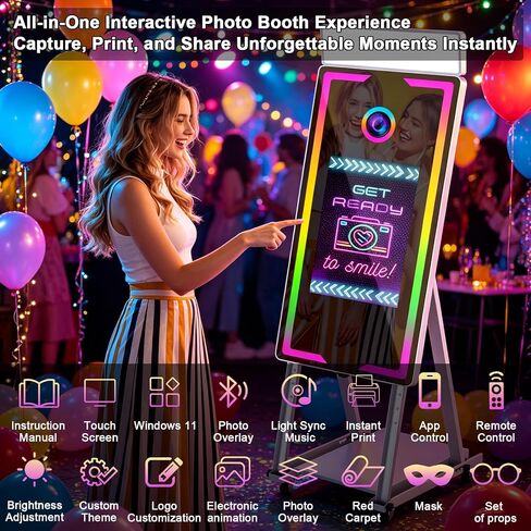 Magic Mirror Photo Booth with Printer 45-22" Touch Screen DSLR Photo Booth with RGB Light Instant Printing and Sharing Professional PhotoBooth for Party (White-2) in Saudi Arabia