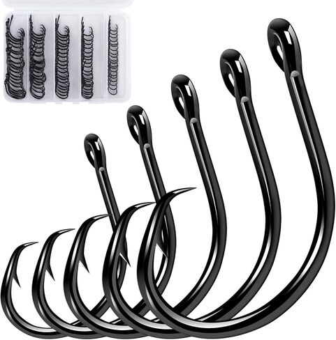 Alwonder 100-Pack Inline 3X Strong Circle Hooks Kit Live Bait Fishing Hooks for Saltwater Freshwater, High Carbon Steel Non-Offset Wide Gap Fish Hook for Bass Striper Trout Bluegill Catfish Walleye in Kuwait