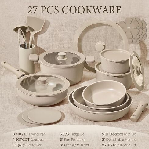 CAROTE 27pcs Pots and Pans Set Non Stick, Detachable Handle Cookware Sets in Kuwait
