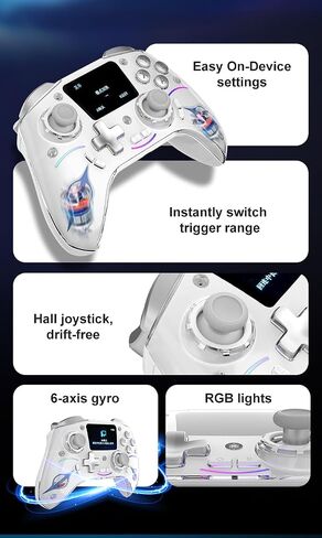 Multi-Function Wireless Pro Controller with Interactive Screen,for Switch/PS4/PC/Android/iOS/SteamDeck, 4 Programmable Buttons, Turbo, 6-axis Gyro, Dual Vibration, RGB Lighting, Hall Effect Joystick Trigger, 1200mAh battery in Kuwait