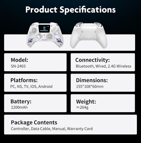 Multi-Function Wireless Pro Controller with Interactive Screen,for Switch/PS4/PC/Android/iOS/SteamDeck, 4 Programmable Buttons, Turbo, 6-axis Gyro, Dual Vibration, RGB Lighting, Hall Effect Joystick Trigger, 1200mAh battery in Kuwait