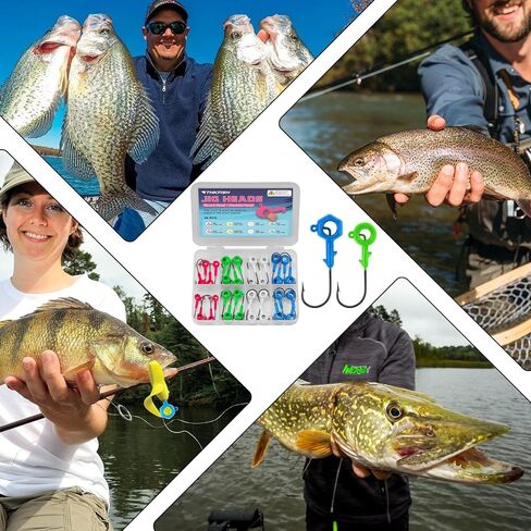 THKFISH Jig Heads Kit, 12PCS Crappie Jig Heads for Fishing, Jig Heads Hook with Round Scent Holder, Jigs for Crappie Bass Fishing, 1/16 1/8 3/16OZ, White Yellow Red in Kuwait