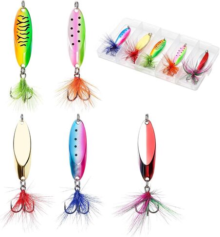 5pcs Upgraded Fishing Spoon Lures w/Feather Tails, Colorful Trout Lures in Kuwait
