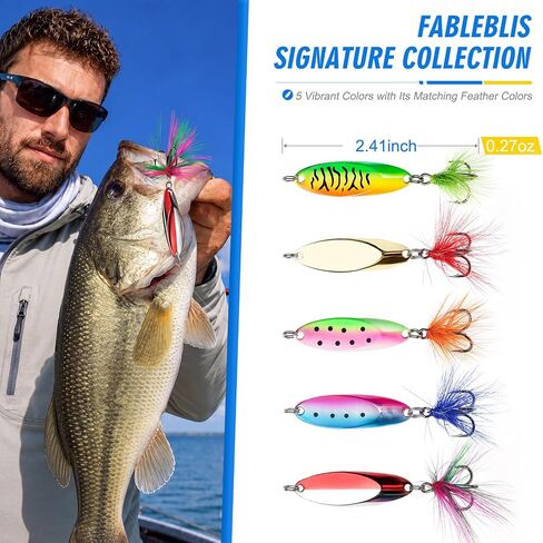 5pcs Upgraded Fishing Spoon Lures w/Feather Tails, Colorful Trout Lures in Kuwait