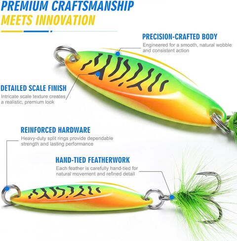 5pcs Upgraded Fishing Spoon Lures w/Feather Tails, Colorful Trout Lures in Kuwait