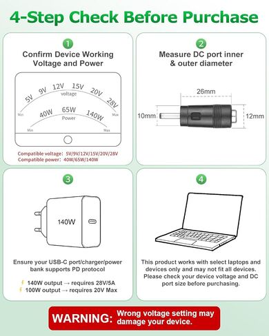 USB C to DC Adapter 140W USB C to Barrel Plug Adapter with 16 Tips 4.9FT in Kuwait