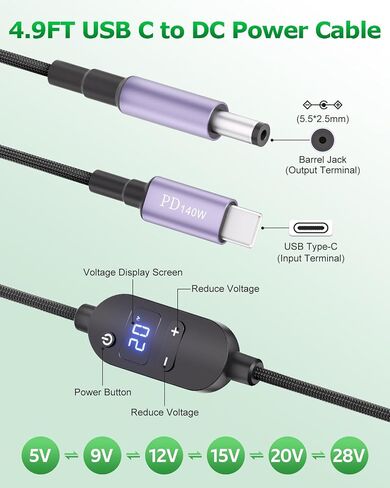 USB C to DC Adapter 140W USB C to Barrel Plug Adapter with 16 Tips 4.9FT in Kuwait