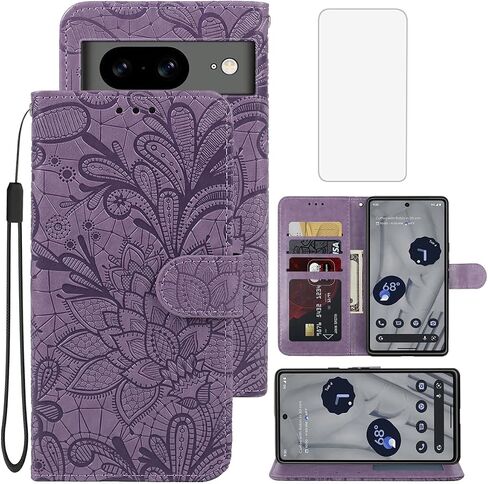 Wallet Case for Pixel 8/for Google8 GKWS6 G9BQD Case with Screen Protector, Folio Flip PU Leather Stand Credit Card Holder Slots Wrist Strap Phone Cover for Google Pixel 8 Purple in Kuwait