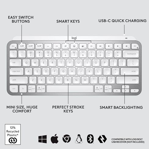 Logitech MX Keys Mini Minimalist Wireless Illuminated Keyboard, Compact, Bluetooth, Backlit, USB-C, Compatible with Apple macOS, iOS, Windows, Linux, Android, Metal Build - Pale Gray (Renewed) in Kuwait