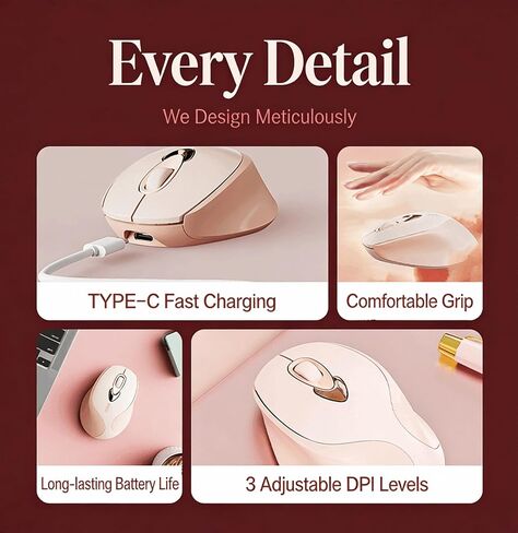 Wireless Mouse for Women, Ergonomic Small Size Fit Female Hand, Silent Click USB C Rechargeable, 3 DPI Adjustable (800/1200/1600), 2.4G Wireless, Multi-Surface Use, Long Battery Life(M8) in Kuwait