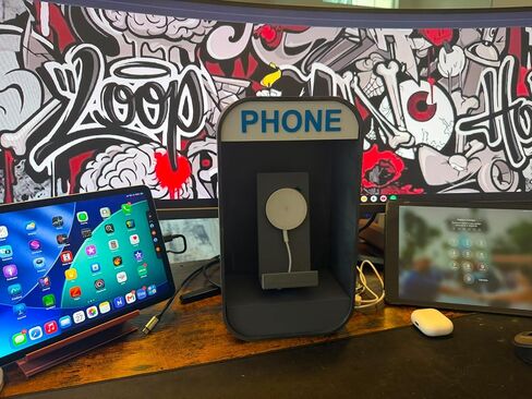 12" Phone Booth Charger Stand | Urban Graffiti Decor, MagSafe Compatible Desk Dock (with Graphite) in Kuwait