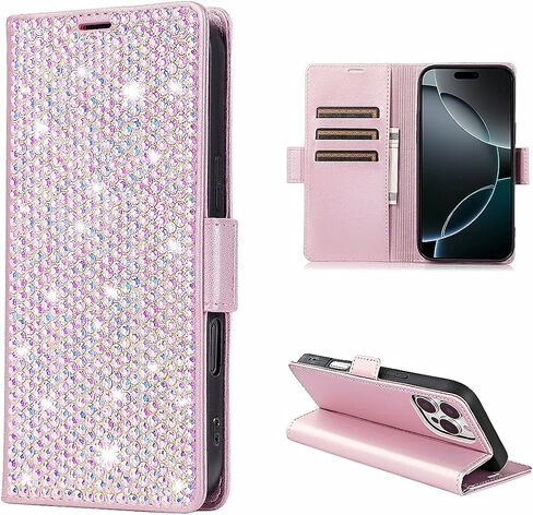 Compatible with iPhone 15 Pro Max 6.7" Bling Wallet Case with Credit Card Holder,Women Glitter Flip Phone Case Sparkle Rhinestone，RFID Blocking PU Leather Kickstand Shockproof Cover(Pink) in Kuwait