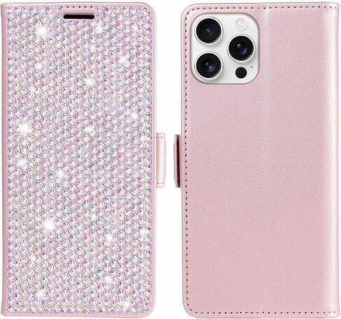Compatible with iPhone 15 Pro Max 6.7" Bling Wallet Case with Credit Card Holder,Women Glitter Flip Phone Case Sparkle Rhinestone，RFID Blocking PU Leather Kickstand Shockproof Cover(Pink) in Kuwait