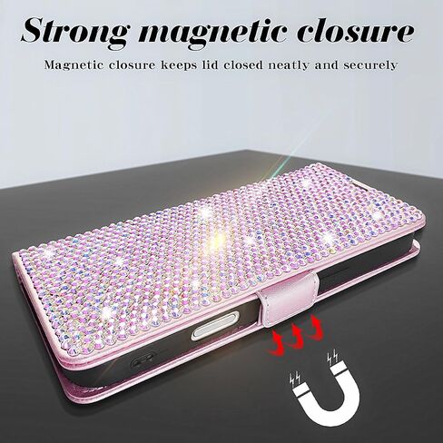 Compatible with iPhone 15 Pro Max 6.7" Bling Wallet Case with Credit Card Holder,Women Glitter Flip Phone Case Sparkle Rhinestone，RFID Blocking PU Leather Kickstand Shockproof Cover(Pink) in Kuwait