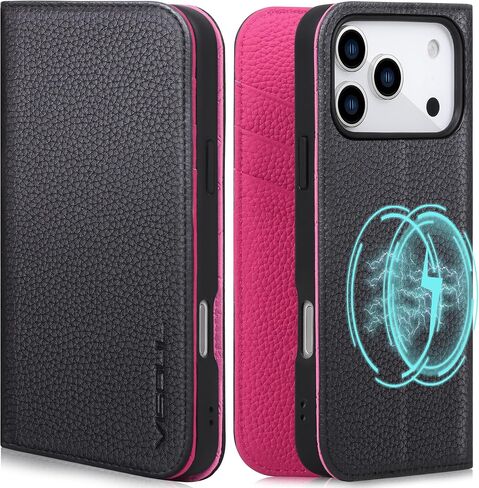VISOUL Pebbled Leather Wallet Case for iPhone 18 Pro/17 Pro, Black+Red in Kuwait