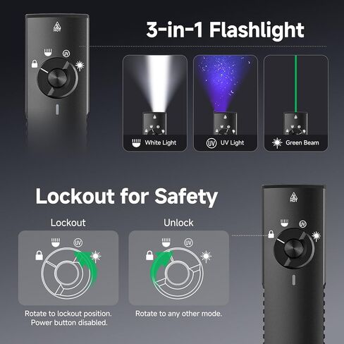 EDC Flashlight Rechargeable with 1600LM , UV Light, Green Beam, Black 1Pack in Kuwait