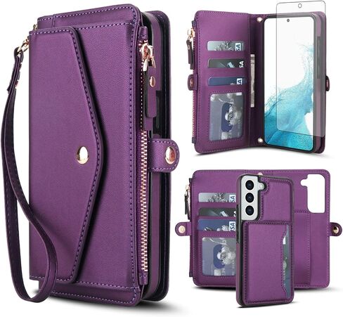 Phone Case for Samsung Galaxy S22 Plus S22+ 5G Wallet Cover Compatible with Magsafe RFID Screen Protector Crossbody Lanyard Strap Flip Card Holder Slot Zipper S22+5G S22plus 22S + S 22 22+ Black in Kuwait