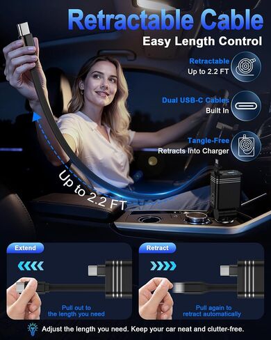 Retractable Car Charger USB C 47w Fast Charge for iPhone 18/17Pro Max 16 15 in Kuwait