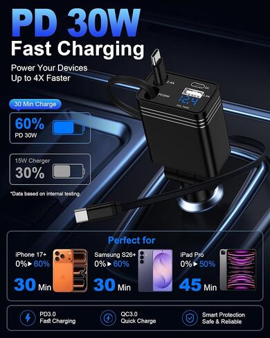 Retractable Car Charger USB C 47w Fast Charge for iPhone 18/17Pro Max 16 15 in Kuwait