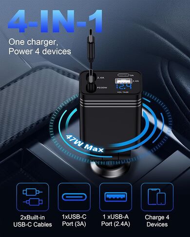 Retractable Car Charger USB C 47w Fast Charge for iPhone 18/17Pro Max 16 15 in Kuwait