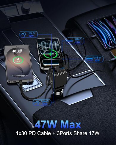 Retractable Car Charger USB C 47w Fast Charge for iPhone 18/17Pro Max 16 15 in Kuwait