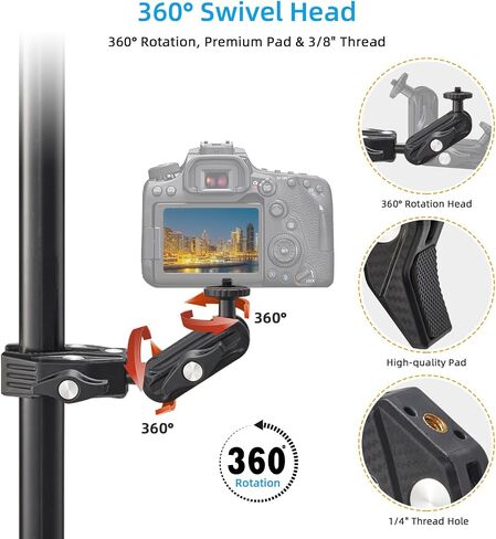 Camera Clamp, Camera Mount with 360° Double Ball Head Magic Arm, 1/4"-20 Thread Adapter Compatible with Phone, DSLR, Action Camera, GoPro, LED Light, Monitor in Kuwait