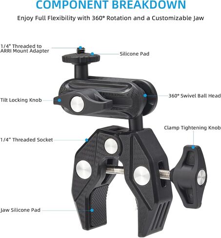 Camera Clamp, Camera Mount with 360° Double Ball Head Magic Arm, 1/4"-20 Thread Adapter Compatible with Phone, DSLR, Action Camera, GoPro, LED Light, Monitor in Kuwait