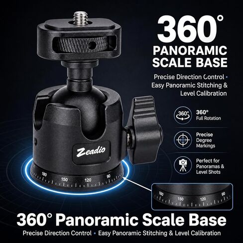Zeadio Professional Camera Ball Head, 360° Panoramic Rotation Aluminum Tripod Head with Locking Knob & 1/4" Screw Mount, for DSLR, Mirrorless Camera, Fill Light, Microphone, Action Camera etc in Kuwait