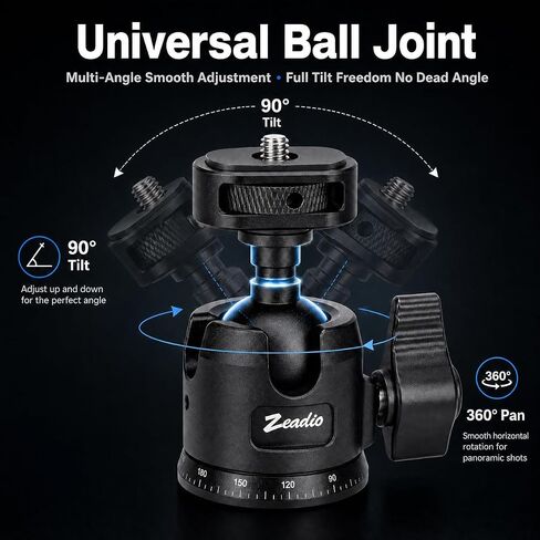 Zeadio Professional Camera Ball Head, 360° Panoramic Rotation Aluminum Tripod Head with Locking Knob & 1/4" Screw Mount, for DSLR, Mirrorless Camera, Fill Light, Microphone, Action Camera etc in Kuwait
