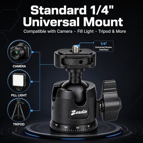 Zeadio Professional Camera Ball Head, 360° Panoramic Rotation Aluminum Tripod Head with Locking Knob & 1/4" Screw Mount, for DSLR, Mirrorless Camera, Fill Light, Microphone, Action Camera etc in Kuwait