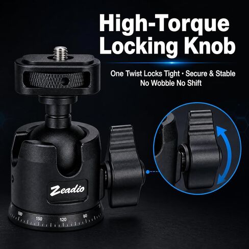 Zeadio Professional Camera Ball Head, 360° Panoramic Rotation Aluminum Tripod Head with Locking Knob & 1/4" Screw Mount, for DSLR, Mirrorless Camera, Fill Light, Microphone, Action Camera etc in Kuwait