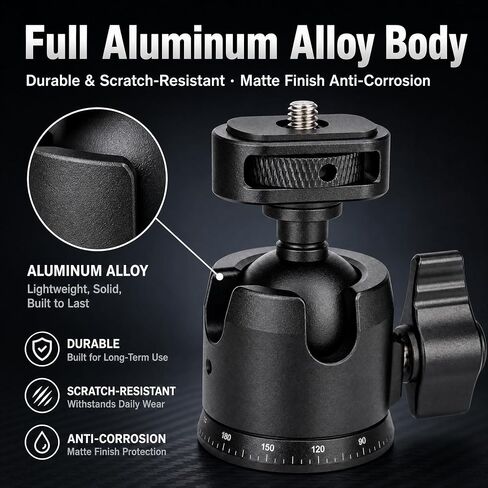 Zeadio Professional Camera Ball Head, 360° Panoramic Rotation Aluminum Tripod Head with Locking Knob & 1/4" Screw Mount, for DSLR, Mirrorless Camera, Fill Light, Microphone, Action Camera etc in Kuwait