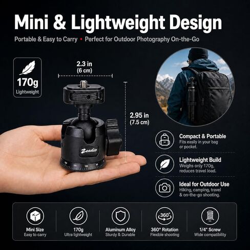 Zeadio Professional Camera Ball Head, 360° Panoramic Rotation Aluminum Tripod Head with Locking Knob & 1/4" Screw Mount, for DSLR, Mirrorless Camera, Fill Light, Microphone, Action Camera etc in Kuwait