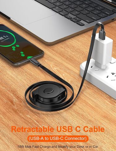 USB A to USB C Cable Retractable Car Charger Cord Type C 3FT,Black in Kuwait