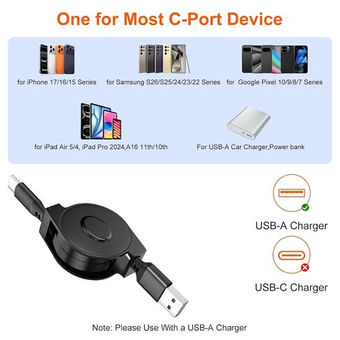 USB A to USB C Cable Retractable Car Charger Cord Type C 3FT,Black in Kuwait