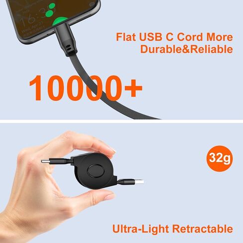 USB A to USB C Cable Retractable Car Charger Cord Type C 3FT,Black in Kuwait