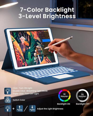 LAMA Compatible for iPad 10.2" 9th 8th 7th Generation Case with Keyboard, iPad Air 10.5"(3rd Gen)/iPad Pro 10.5 in Bluetooth Keyboard Case, Multi-Touch Trackpad, 7 Colors Backlit, Pencil Holder, DBL in Kuwait