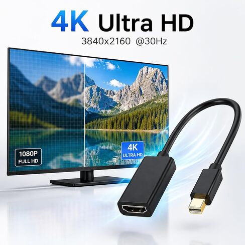 Mini DisplayPort to HDMI Adapter, 4K@30Hz Mini DP to HDMI Converter Cable, Thunderbolt Compatible, Portable 25cm Adapter for MacBook Pro/Air, Surface Pro, ThinkPad, Monitor, TV, Projector in Kuwait