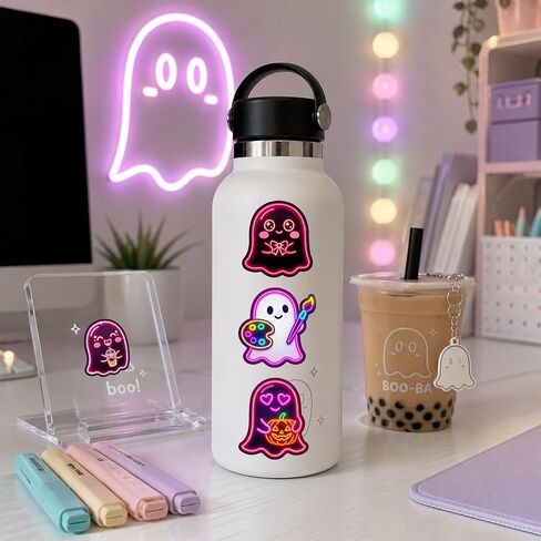 120PCS Neon Pink Cute Ghost Stickers, Pink Halloween Party Favors Birthday Party Decorations Vinyl Waterproof Stickers for Water Bottle Laptop Luggage Helmet Gifts for Teens Boys Girls Adult in Kuwait