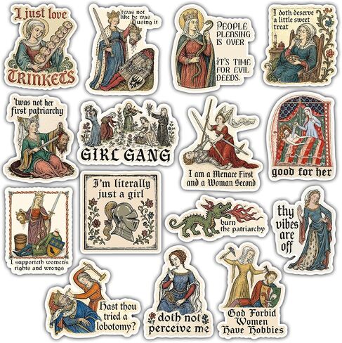 VOTANTA (15 Pcs, 3 inch) - Feminist Medieval Stickers Pack, Woman Rights Medieval Meme Sticker, Dark Humor Vintage Wench Sarcastic Quotes Social Justice Gifts Decoration for Laptops, Phones, Bottles in Kuwait