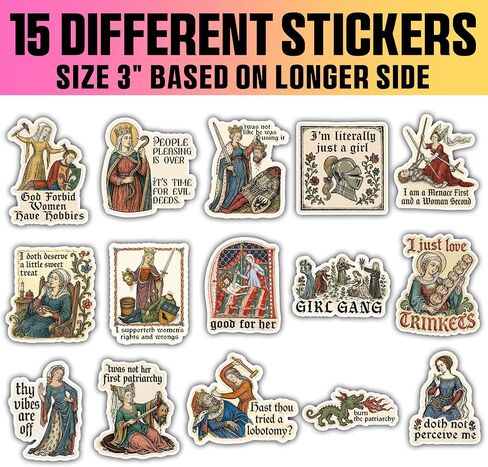 VOTANTA (15 Pcs, 3 inch) - Feminist Medieval Stickers Pack, Woman Rights Medieval Meme Sticker, Dark Humor Vintage Wench Sarcastic Quotes Social Justice Gifts Decoration for Laptops, Phones, Bottles in Kuwait