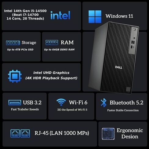 Dell Pro QCT1250 Desktop, New OptiPlex Version, Intel Core I5-14500, up to 5.0 GHz 32GB DDR5 2TB SSD, DisplayPort+ HDMI, USB-C, Windows 11 Pro, with Keyboard & Mouse in Kuwait